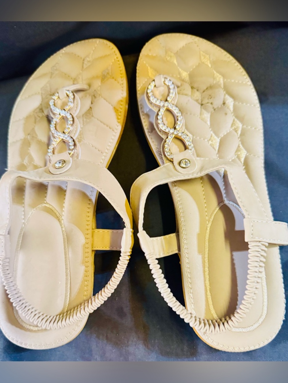Women's Beige Embellished T-Strap Sandals